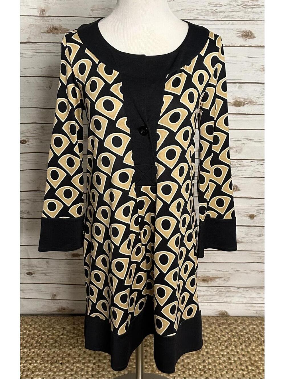 Diane von Furstenburg silk shift dress Size 10 black/gold geometric mod retro